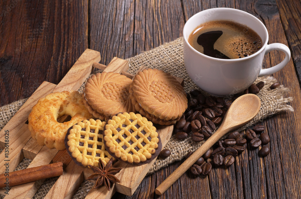 Coffee and different cookies