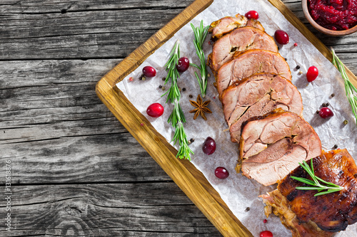 delicious roast in oven turkey roulade cut in slices