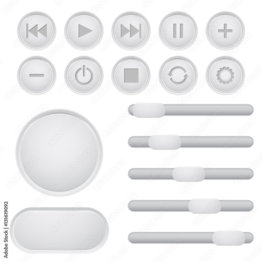 User interface buttons set. Media player main elements, slider bars User interface buttons set. Media player main elements, slider bars