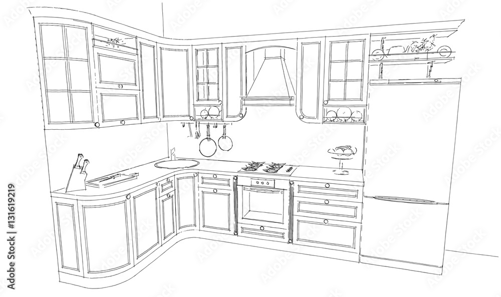 3d sketch drawing of classic kitchen