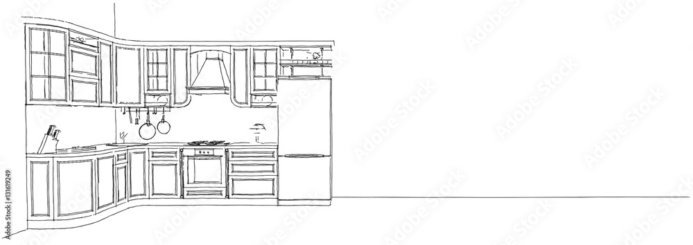 Sketch drawing of classic kitchen on white long background