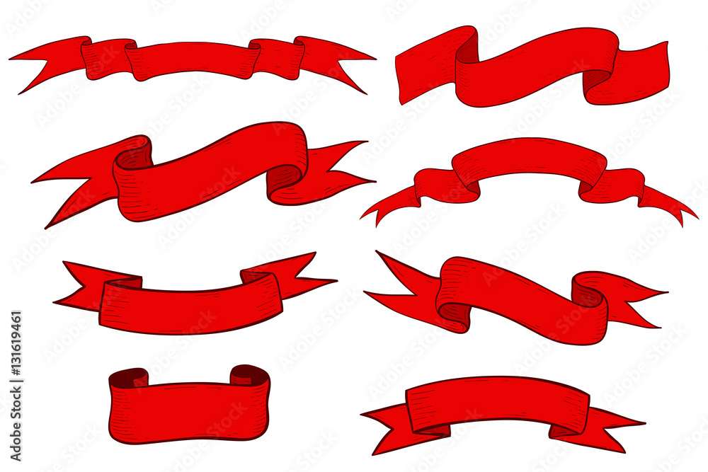 Collection of red ribbon banners and scrolls. Hand drawn sketch