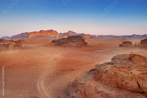 Scenic View Of Wadi Rum Against Clear Sky During Sunrise  Arabia