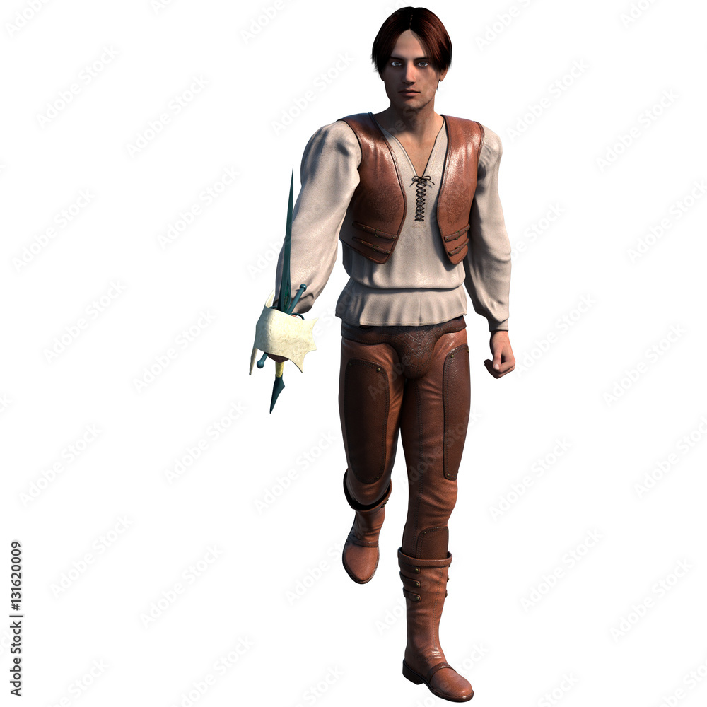 a young well-dressed warrior in leather armor. He runs at the camera with a sword in his right hand a young well-dressed warrior in leather armor. He runs at the camera with a sword in his right hand