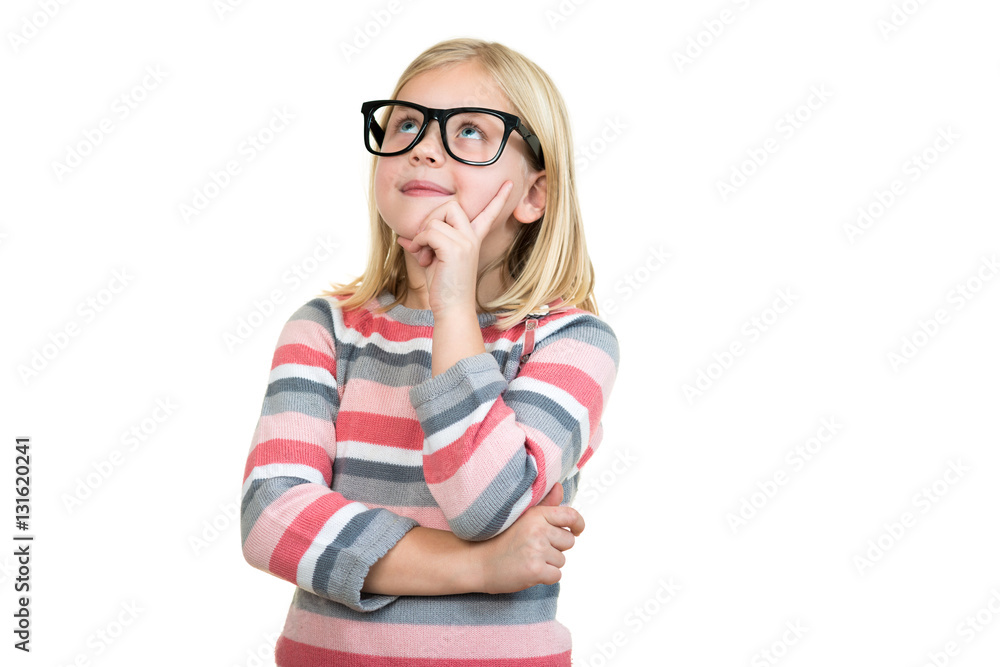 Adorable child in glasses thinking isolated on white Adorable child in glasses thinking isolated on white
