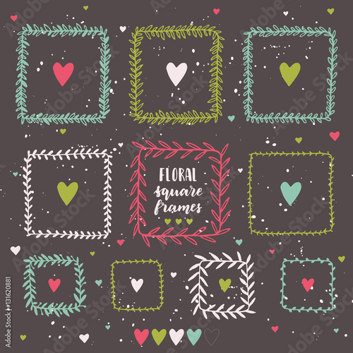 Hand drawn floral square frame set on dark background. Vector illustration. Rusti?. Set of herbal frames. Ink vector illustration. Hand drawn vintage frames. 