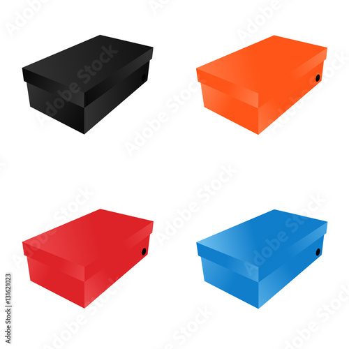 Four shoe boxes black, red, orange, blue isolated on white background. Shoebox. Vector illustration