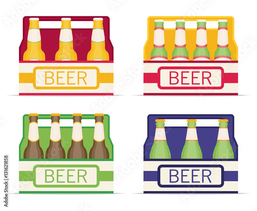 Pack of beer bottles flat style icon set. Vector illustration.
