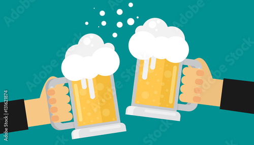 Two men toasting glasses of beer. Flat vector.
