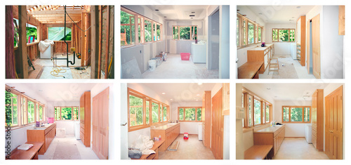 Progress of a laundry room remodel from framing through cabinets &  flooring. Note scanned from 35mm 