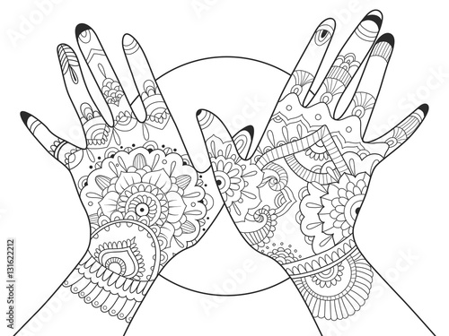 Hands with mehndi drawing coloring book for adults