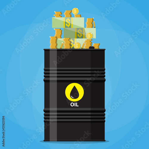 Stack of dollars and coins on oil barrel