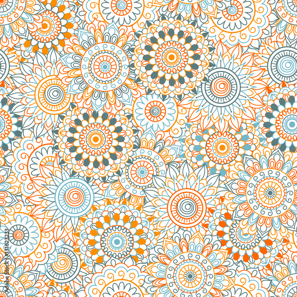 Seamless background of blue, orange and red color in in Arabic style. Mandala ornament.