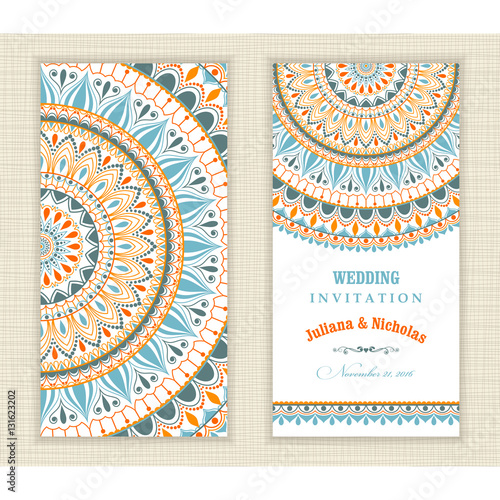 Set of vintage Wedding Invitation card with Mandala pattern and in green, blue and red color. 