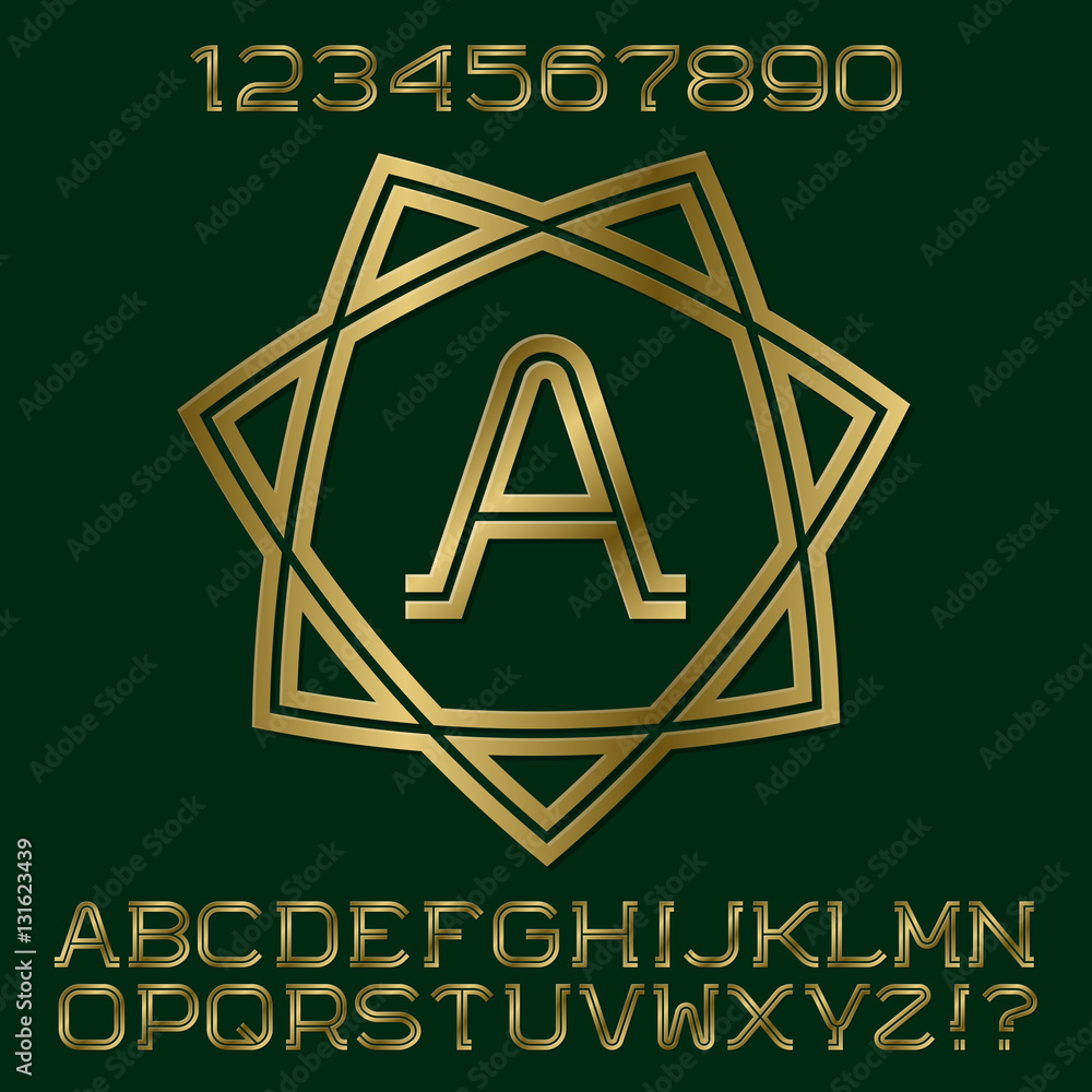 Golden double stripes letters and numbers with initial monogram in form of seven pointed star. Beautiful stylish font kit for logo design. Golden double stripes letters and numbers with initial monogram in form of seven pointed star. Beautiful stylish font kit for logo design.