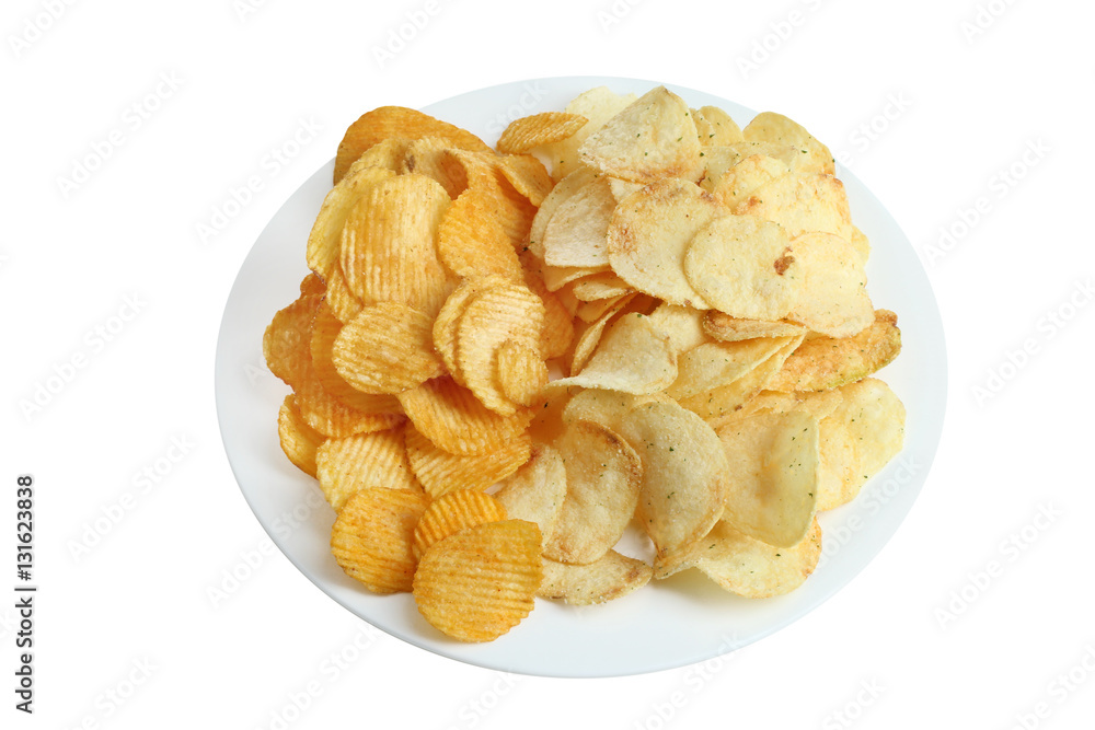 Potato chips in plate isolated on white background. Potato chips in plate isolated on white background.