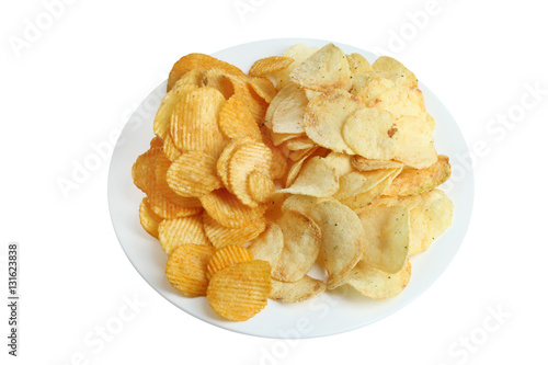 Potato chips in plate isolated on white background.