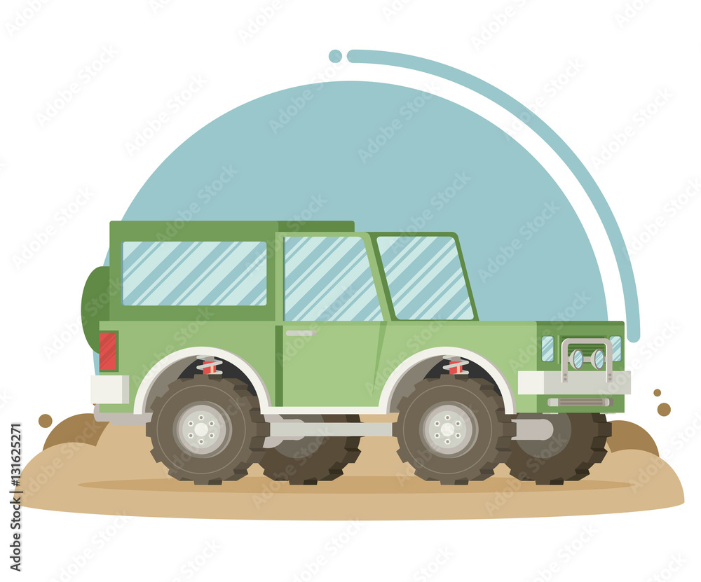 Obraz premium Flat design of car in motion on a safari trip.