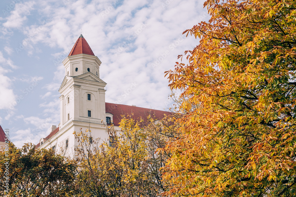 Bratislava castle framed by trees in autumn.
