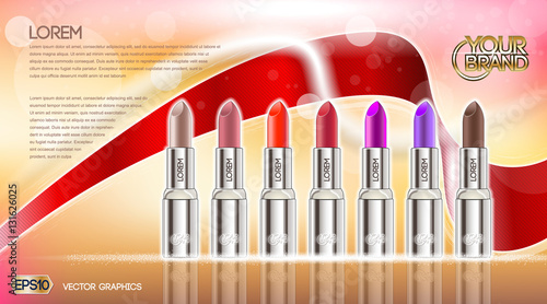 Digital vector silver container and colored glamorous lipsticks set mockup, with your brand, ready for print ads or magazine design. Glossy and shine, realistic 3d style