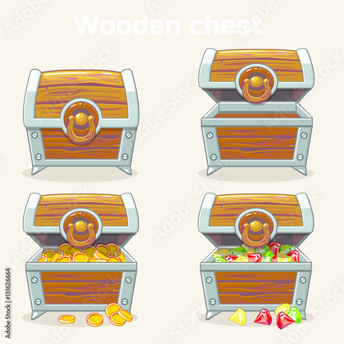 Opened and closed antique treasure chest with coins and diamonds, set icons3, game and UI elements