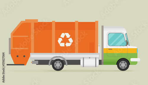 Orange garbage truck transportation. Flat vector.