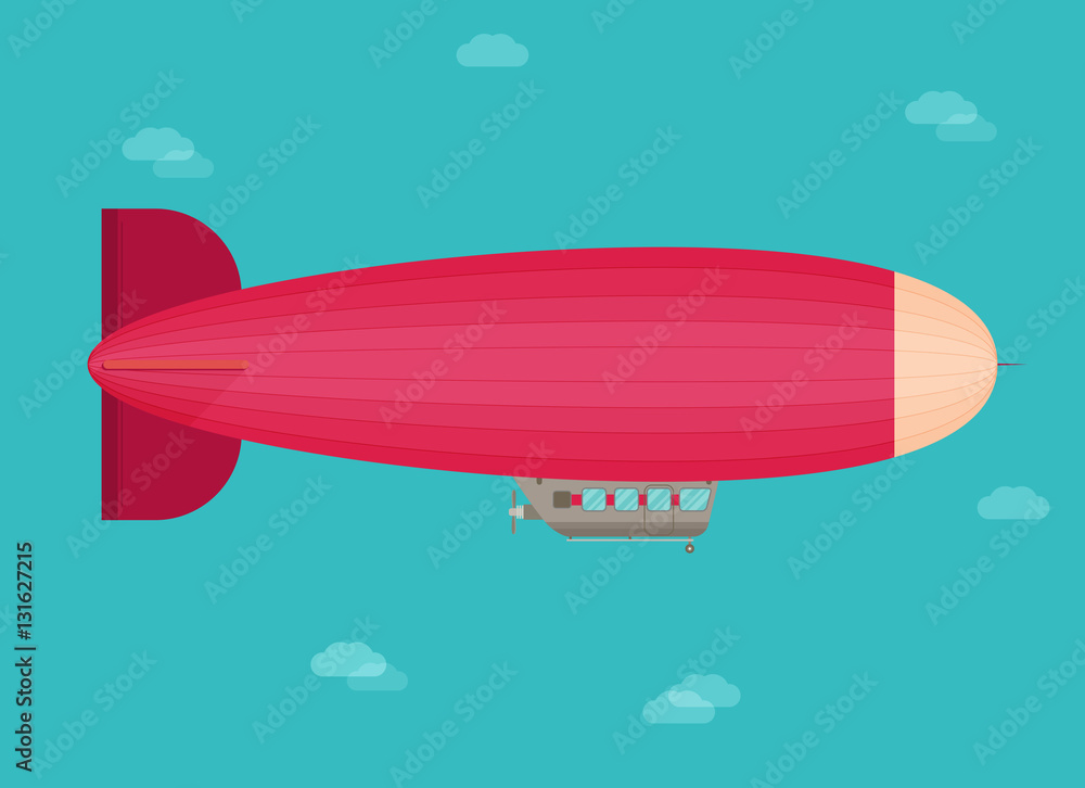 Fototapeta premium Zeppelin airship dirigible balloon flight, flat design