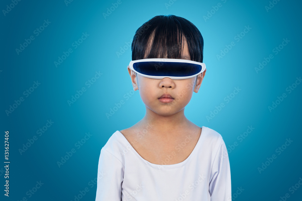 Asian Chinese little girl with futuristic eyeglassses in isolate