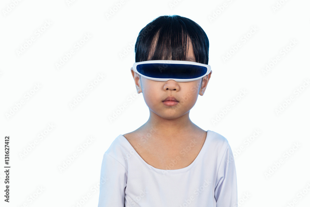 Asian Chinese little girl with futuristic eyeglassses in isolate
