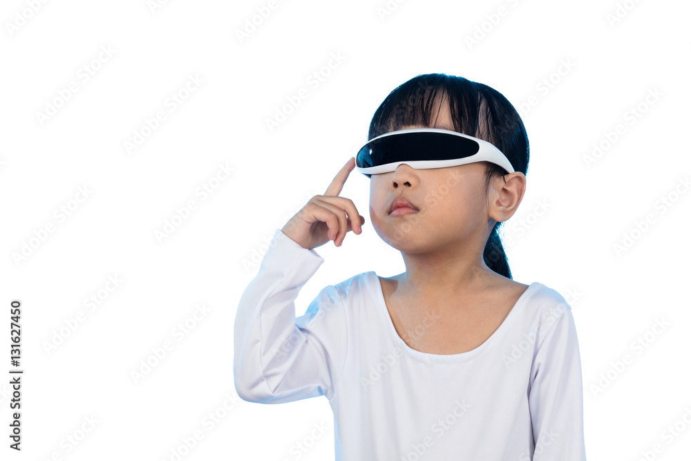 Asian Chinese little girl with futuristic eyeglassses in isolate Asian Chinese little girl with futuristic eyeglassses in isolate