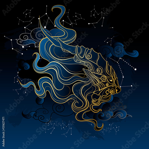 ancient mythical lion from Eastern folklore, on the background o