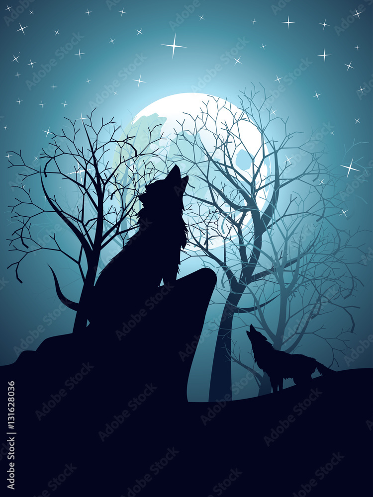 Wolf Howling In The Night Forest Stock Vector | Adobe Stock