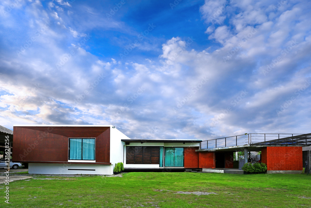 Fototapeta premium Architecture modern design in cement and wood with little garden and lawn