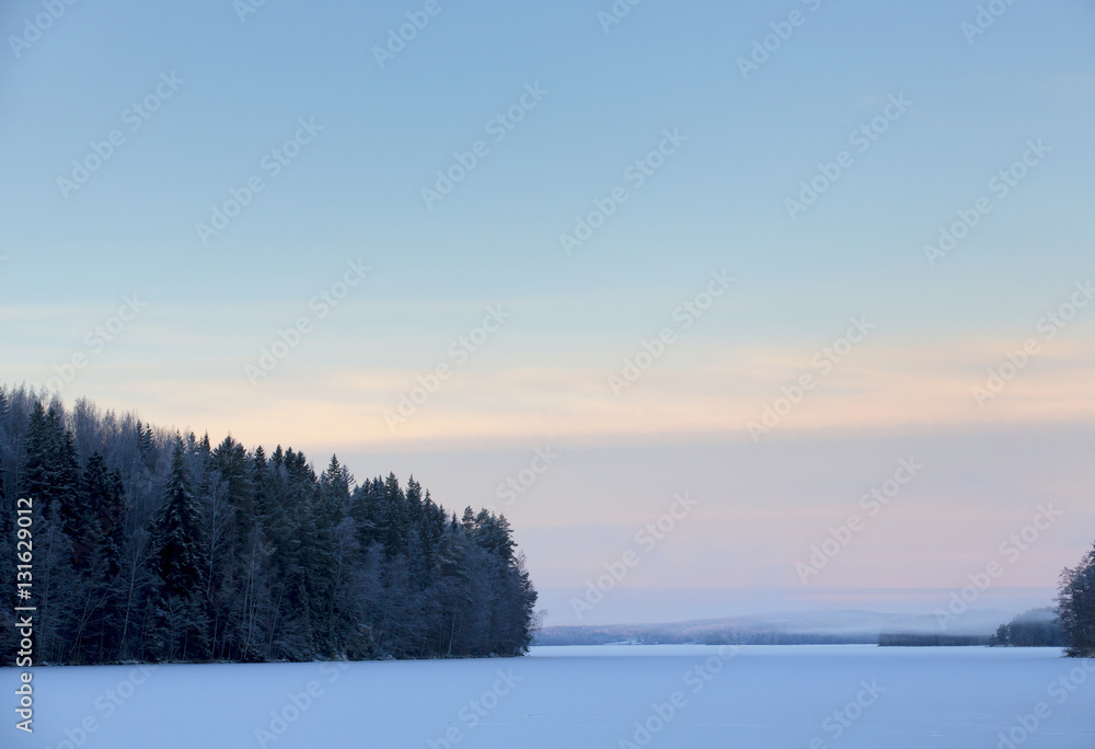 Fototapeta premium Pastel colored morning during winter. Colorful landscape, foggy mountains in the background.