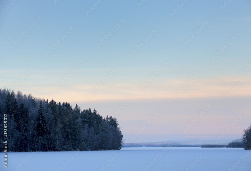 Pastel colored morning during winter. Colorful landscape, foggy mountains in the background.