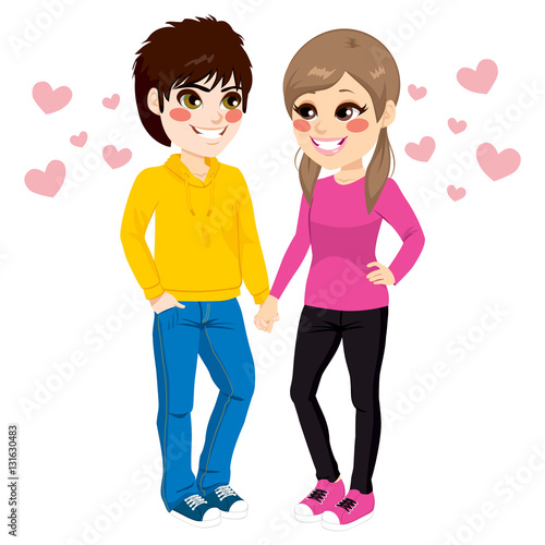 Cute young teenager couple holding hands in love