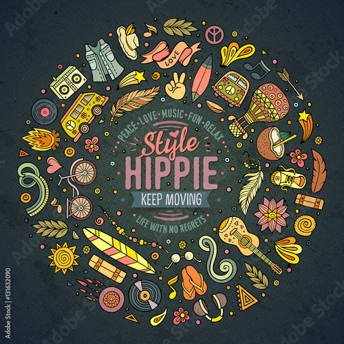 Set of Hippie cartoon doodle objects, symbols and items