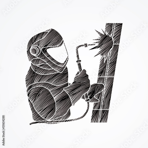 Welder working designed using black grunge brush graphic vector.