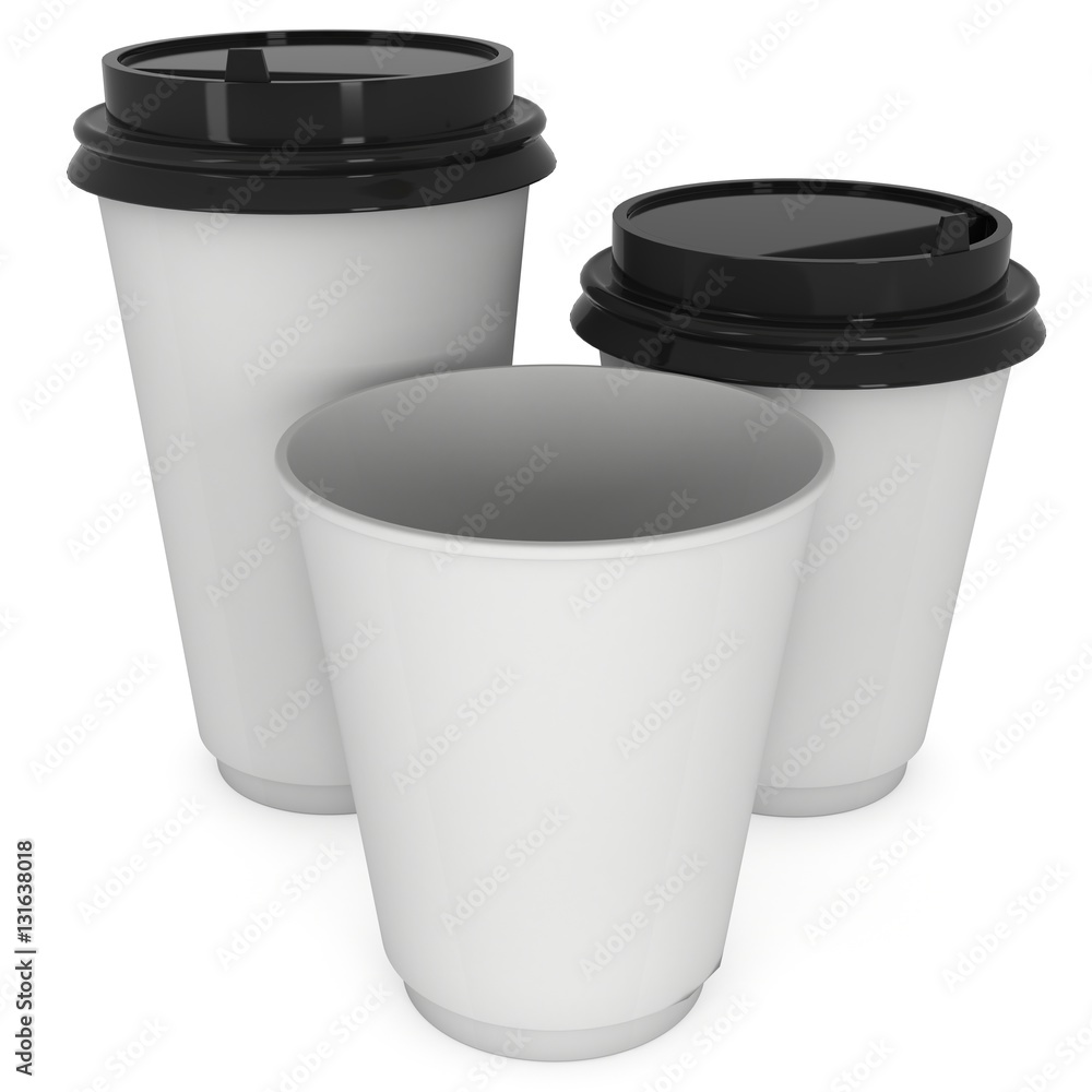 Disposable coffee cups. Blank paper mug. 3d render isolated on white background Disposable coffee cups. Blank paper mug. 3d render isolated on white background