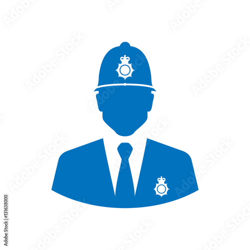 Icono plano silueta policia britanico azul en fondo blanco