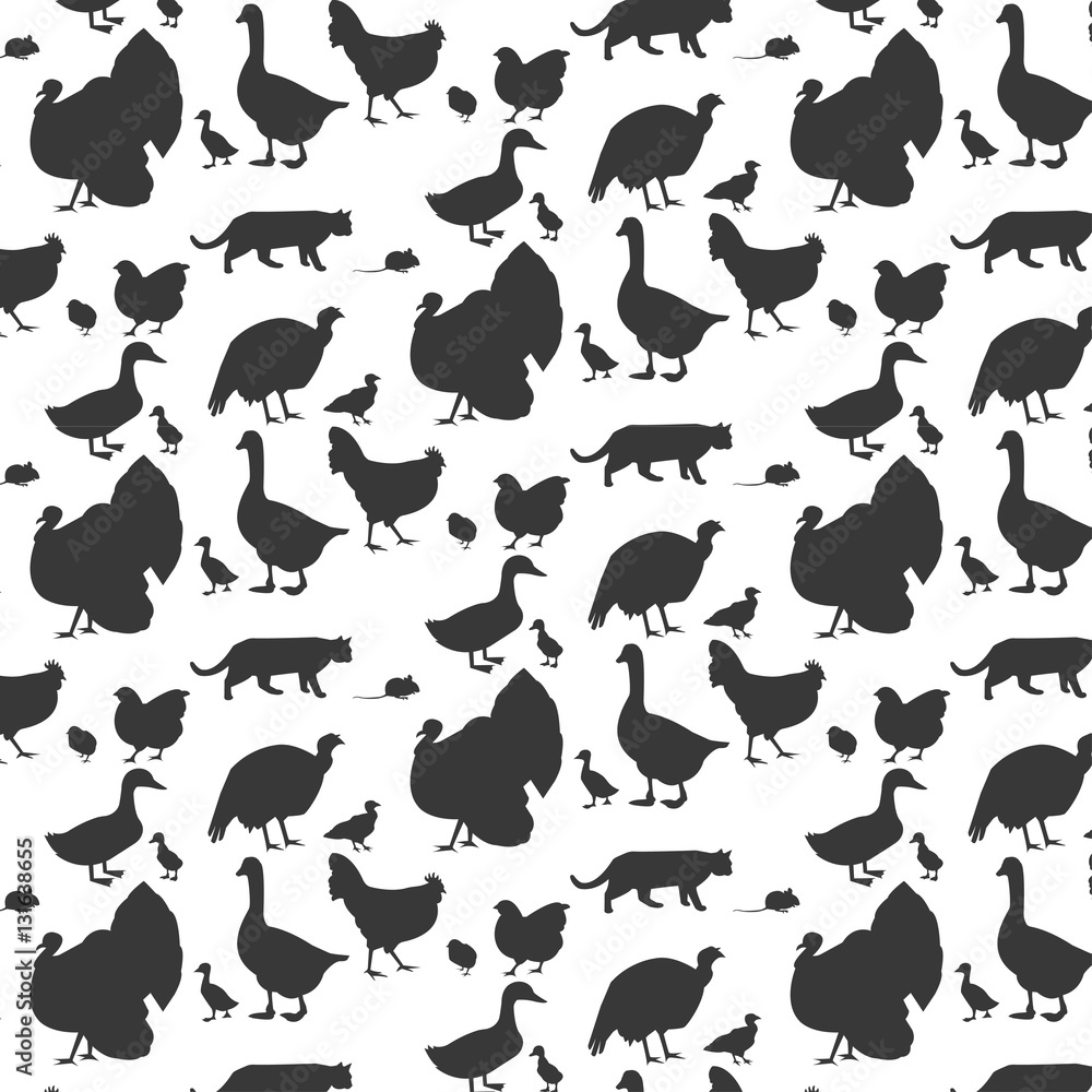 Seamless pattern with domestic animals and birds. Black silhouettes on white background. Seamless pattern with domestic animals and birds. Black silhouettes on white background.