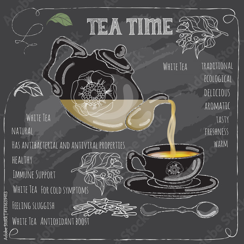 White Tea Time card with cup, teapot  and  leaves.