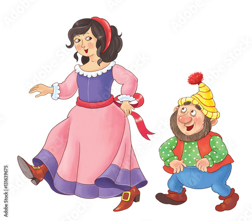 Snow White and seven dwarfs. Fairy tale. Illustration for children. Cute and funny cartoon characters