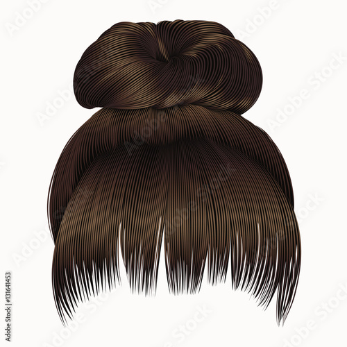 bun  hairs with fringe dark  brown colors . women fashion beauty style . 