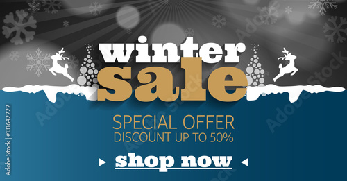 Winter sale social network banner aquamarine blue with snow, color background, snowflakes, tree and discount.