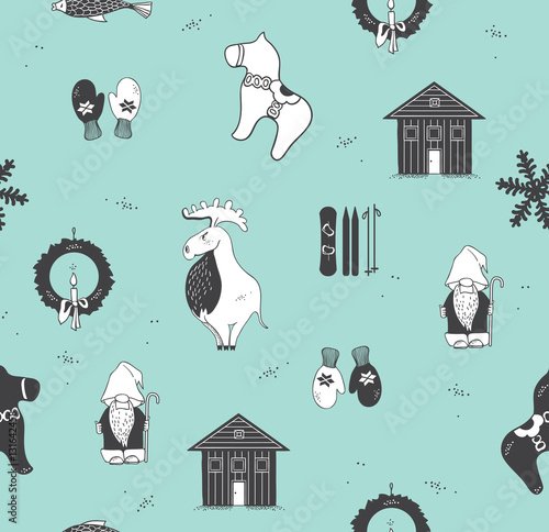 Seamless pattern with attributes of the Scandinavian countries