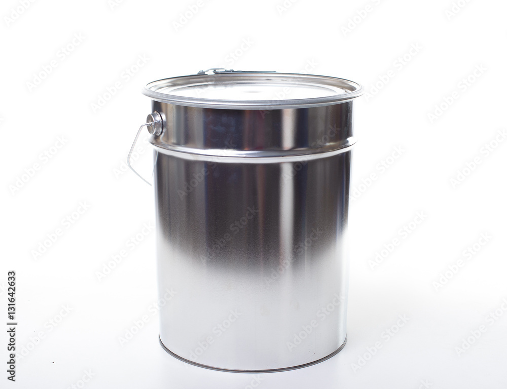 Blank tin paint can with an open lid isolated on white background with