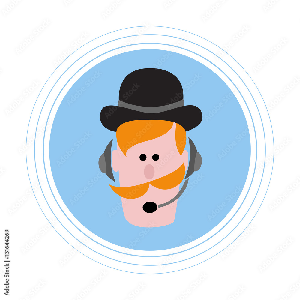 Red-haired man with a mustache in headphones with a microphone. Flat icon avatar.