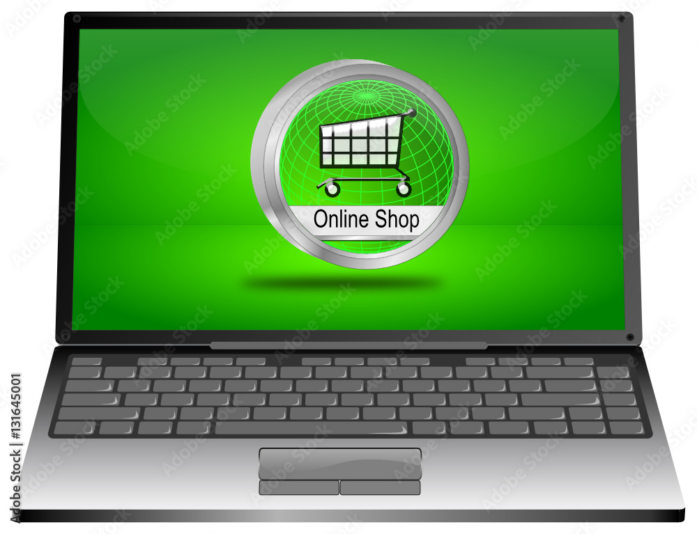 Laptop Computer with online Shop Button - 3D illustration Laptop Computer with online Shop Button - 3D illustration