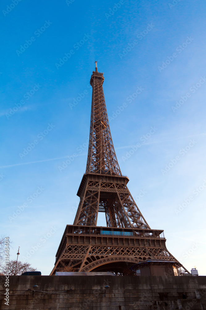 Tour Eiffel in Paris, France against the blue sky. Copy space